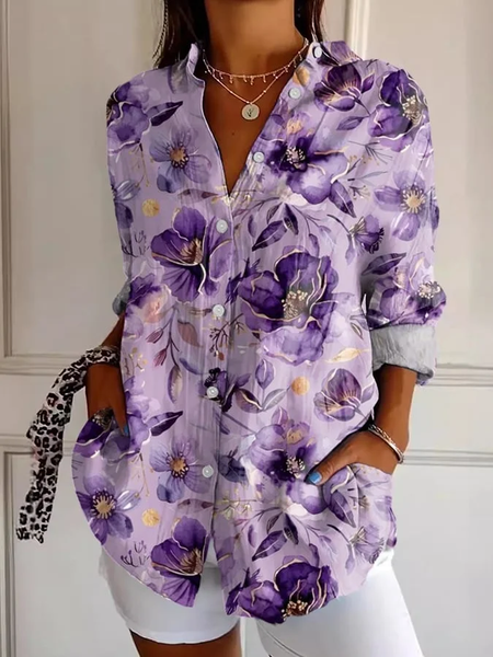 

Shirt Collar Regular Sleeve Long Sleeve Floral Buckle Regular Loose Button Up Shirt Shirt For Women, Purple, Shirts