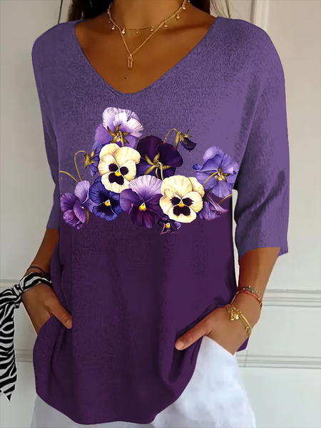 

Women Floral Three Quarter Sleeve Tee T-shirt V Neck Printing Casual Spring/Fall Graphic Tee Top, Purple, T-Shirts
