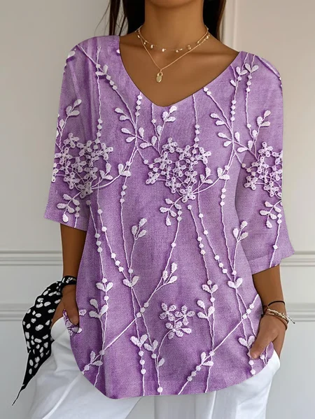 

Women Floral Three Quarter Sleeve Tee T-shirt V Neck Printing Casual Spring/Fall Graphic Tee Top, Purple, T-Shirts