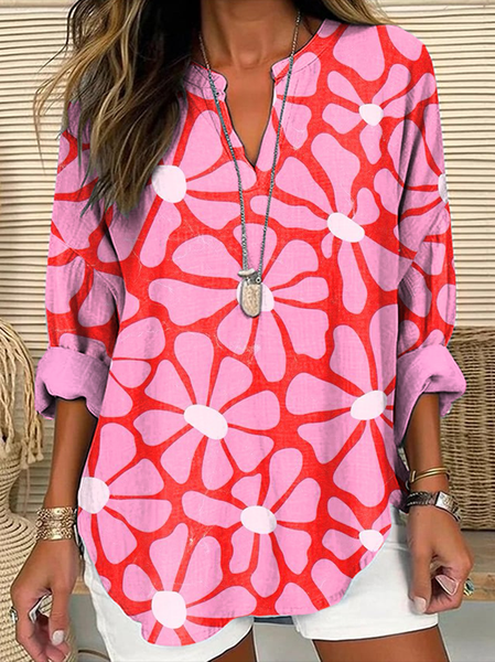 

V Neck Long Sleeve Floral Printing Regular Loose Blouse For Women, Pink, Blouses