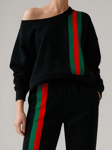 

Casual Plain Cold Shoulder Color Block Sweatshirt, Black, Hoodies and Sweatshirts