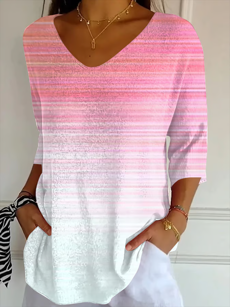 

Casual Abstract Stripes V Neck Three Quarter Sleeve T-shirt, Pink, T-shirts