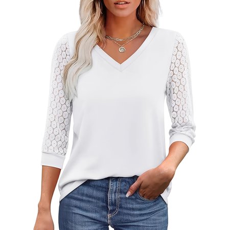 

Casual Plain V Neck Three Quarter Sleeve T-shirt, White, T-shirts