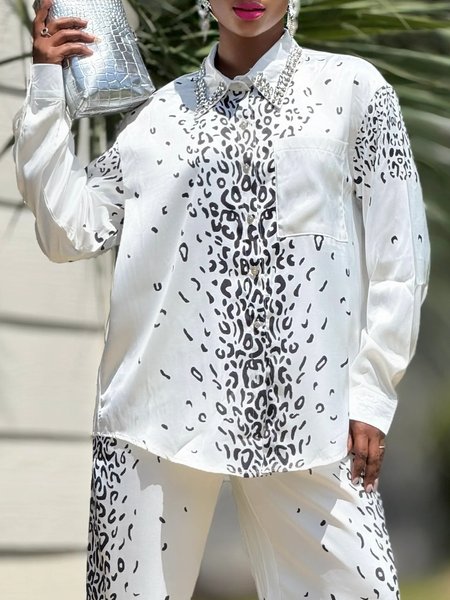 

Urban Animal Print Printing Shirt Collar Piping Shirt, White, Blouses and Shirts