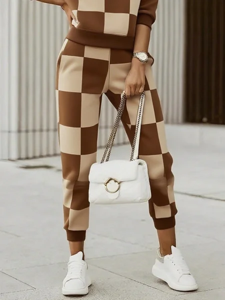 

Casual Plaid Printing Ankle Banded Pants, Brown, Pants