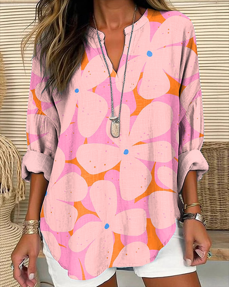 

Women Floral Long Sleeve Blouse Spring/Fall Printing V Neck Daily Casual Top, Pink, Shirts