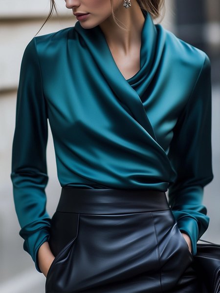 

Satin Urban Plain V Neck Blouse, Blue, Blouses and Shirts
