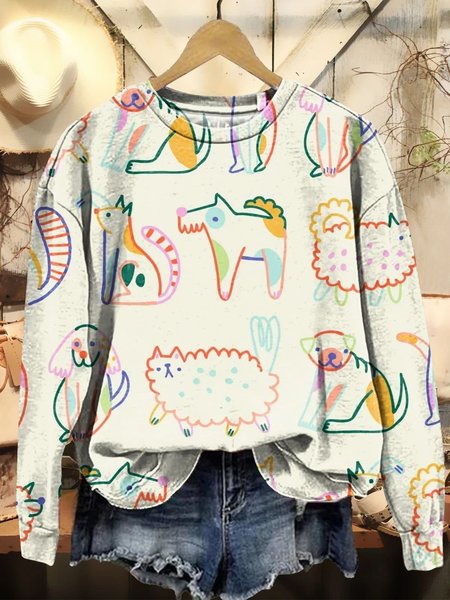 

Casual Cute Animals Art Print Crew Neck Sweatshirt, White, Hoodies & Sweatshirts