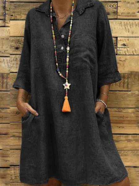 

Casual Plain Shirt Collar Dress, Black, Midi Dresses