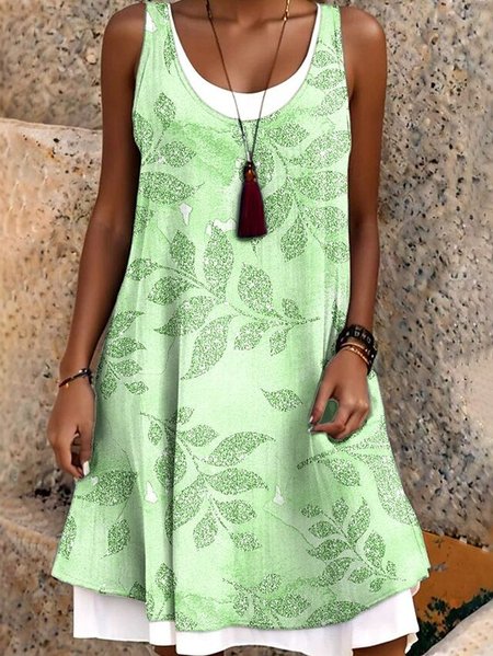 

Women Floral Summer Dress Crew Neck Sleeveless A-Line Dress, Green, Dresses