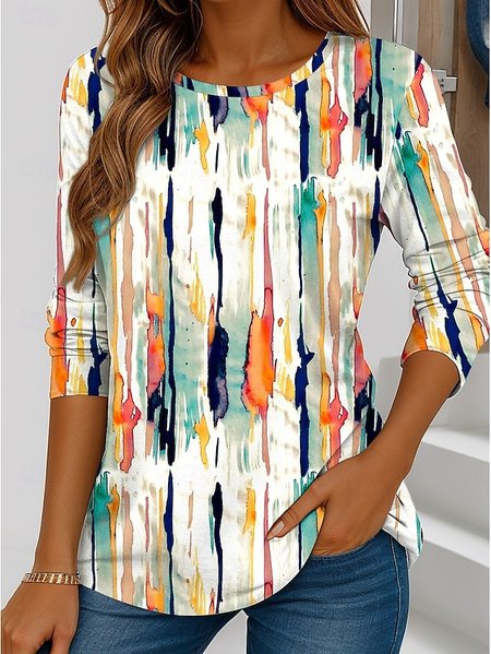 

Casual Striped Crew Neck Long Sleeve T-shirt, As picture, T-shirts