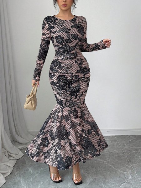 

Elegant 3D Printing Printing Crew Neck Maxi Dress, As picture, Maxi Dresses