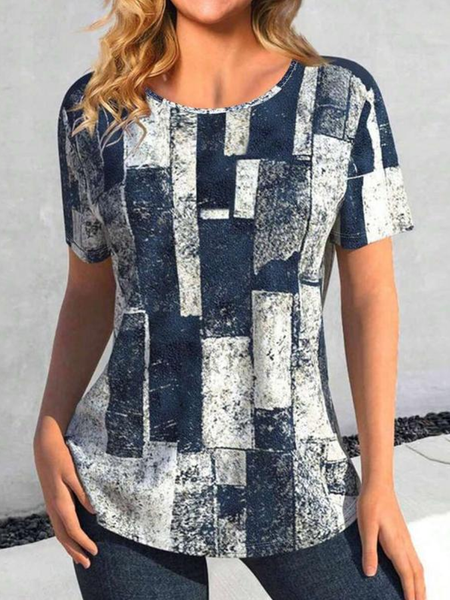 

Vintage Geometric Crew Neck Short Sleeve T-shirt, As picture, T-shirts