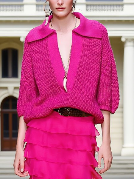 

Casual Plain Shawl Collar Loose Sweater, Deep pink, Pullovers
