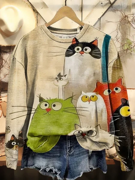 

Women's Cute Cat Art Print Casual Crew Neck Sweatshirt, Apricot, Hoodies & Sweatshirts