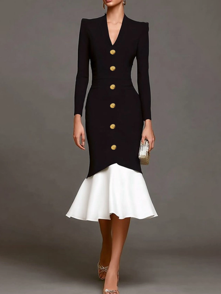 

Elegant Color Block V Neck Midi Dress, Black-white, Midi Dresses