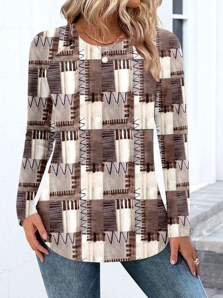 

Casual Color Block Crew Neck Long Sleeve T-shirt, Brown, T-shirts