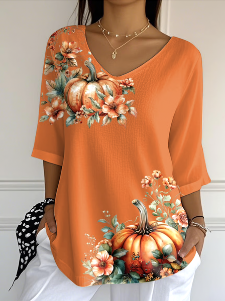 

Vintage Floral Crew Neck Long Sleeve T-shirt, Orange, T-shirts