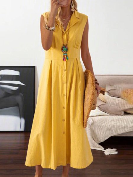 

Urban Plain Shirt Collar Maxi Dress, Yellow, Midi Dresses
