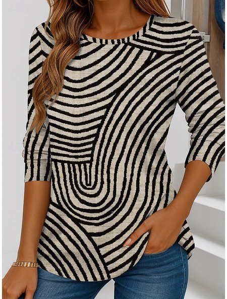 

Casual Striped Crew Neck Long Sleeve T-shirt, As picture, T-shirts