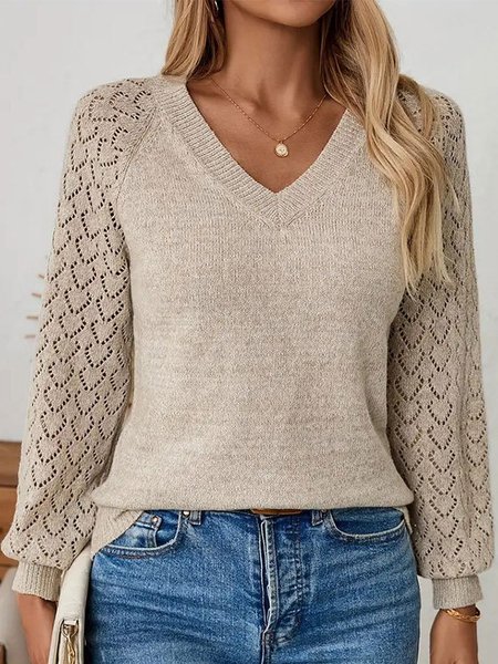

Casual Plain V Neck Long Sleeve T-shirt, Apricot, T-shirts