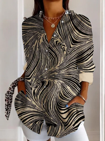 

V Neck Long Sleeve Abstract Stripes Regular Micro-Elasticity Regular Fit Shirt For Women, As picture, Shirts