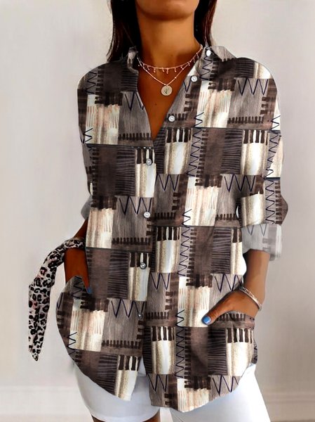 

V Neck Long Sleeve Geometric Regular Micro-Elasticity Regular Fit Shirt For Women, Brown, Shirts