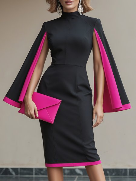 

Elegant Color Block Split Sleeves Stand Collar Midi Dress, Black, Midi Dresses