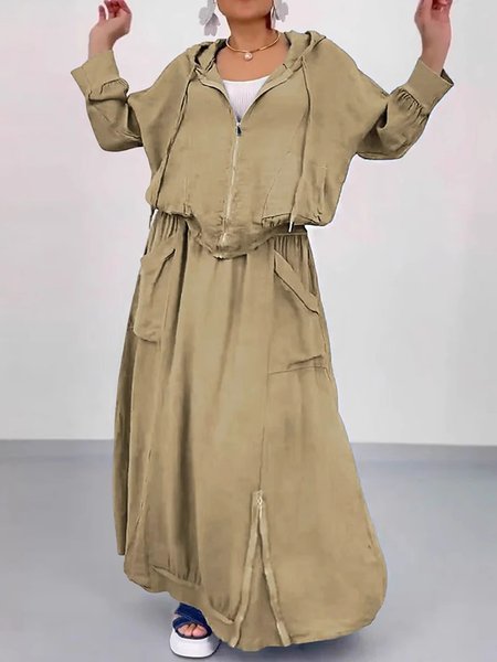 

Casual Plain Hoodie Two-Piece Set, Khaki, Suits