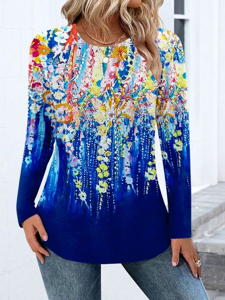 

Casual Color Block Crew Neck Long Sleeve T-shirt, Blue, T-shirts