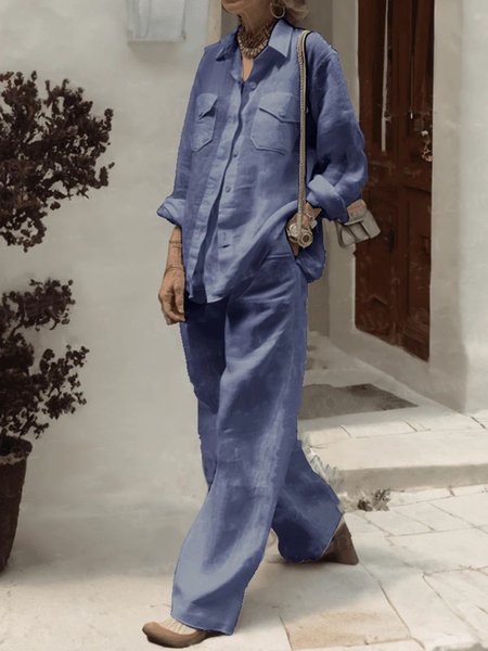 

Casual Plain Shirt Collar Two-Piece Set, Royal blue, Suits