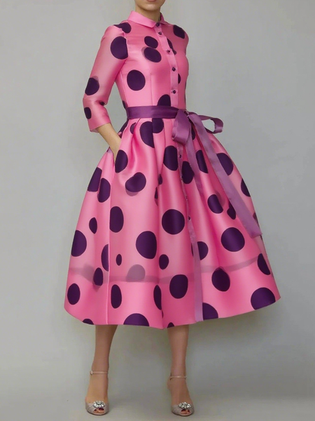 

Elegant Polka Dots Printing Shirt Collar Midi Dress With Belt, As picture, Midi Dresses