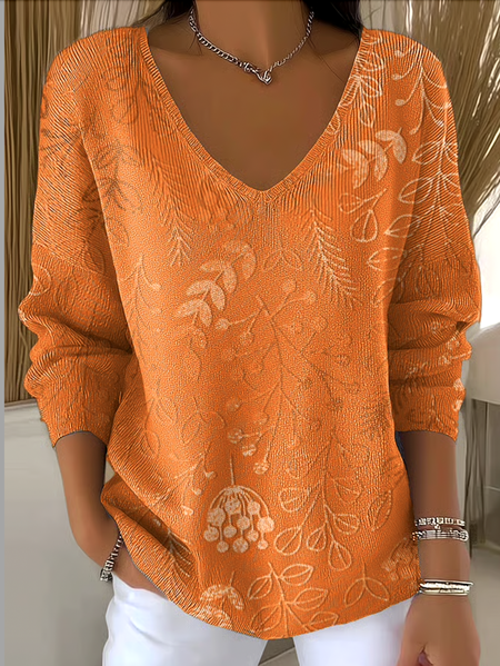

Women Cotton Floral Long Sleeve Comfy Casual Sweater, Orange, Sweaters