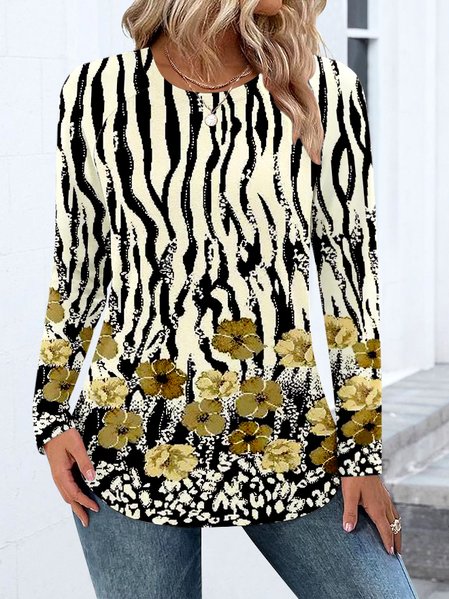 

Casual Color Block Crew Neck Long Sleeve T-shirt, Khaki, T-shirts