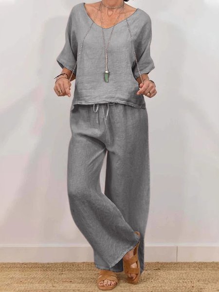

Casual Plain V Neck Two-Piece Set, Gray, Suits
