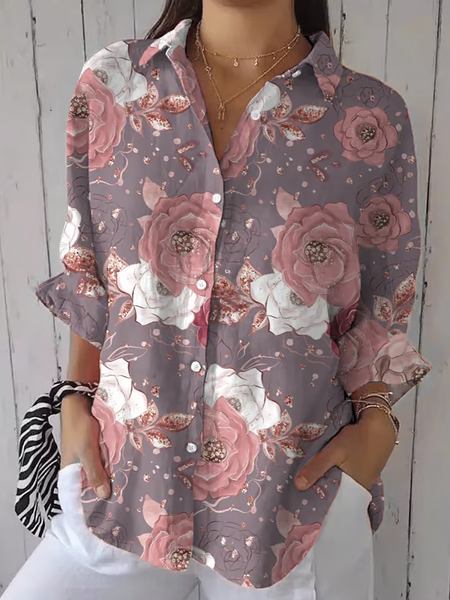 

Shirt Collar Three Quarter Sleeve Floral Printing Regular Loose Button Up Shirt Shirt For Women, Purple, Shirts