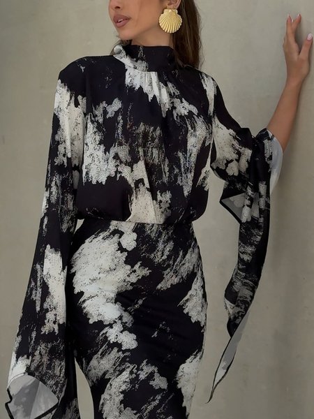 

Elegant Random Print Printing Stand Collar Blouse, Black-white, Blouses and Shirts