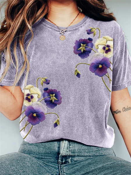 

Vintage Floral Crew Neck Short Sleeve T-shirt, Lavender, T-shirts