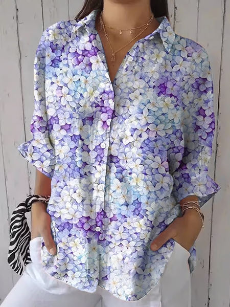 

Shirt Collar Three Quarter Sleeve Floral Printing Regular Loose Button Up Shirt Shirt For Women, Purple, Shirts