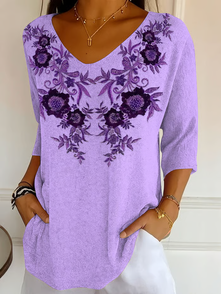 

Casual Floral V Neck Three Quarter Sleeve T-shirt, Purple, T-shirts