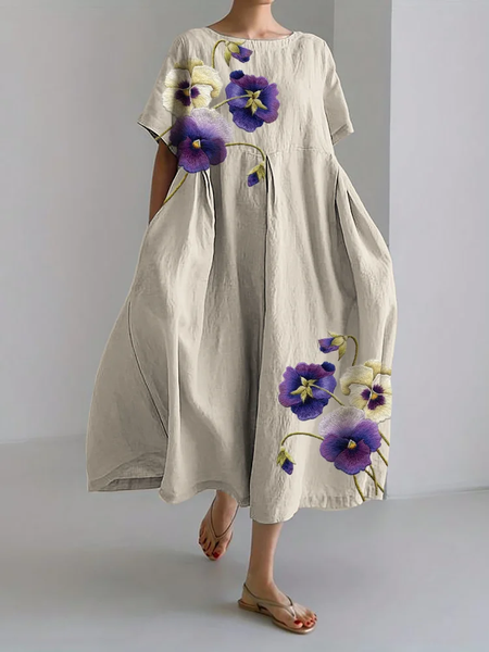 

Women Floral Summer Dress Crew Neck Short Sleeve A-Line Dress, Apricot, Dresses