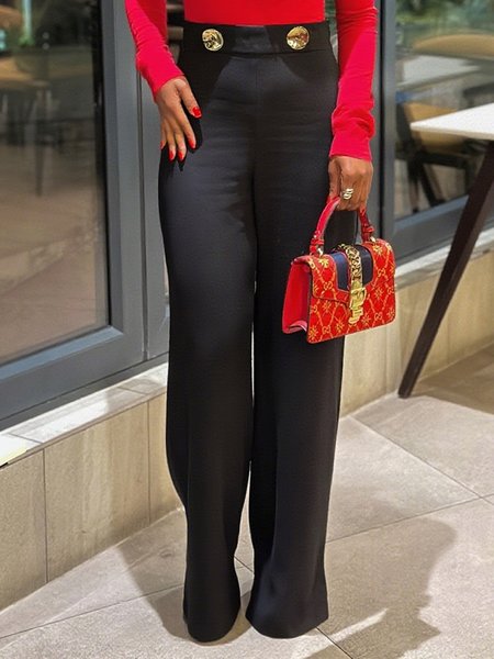 

Urban Plain Buckle Fashion Straight Pants, Black, Pants