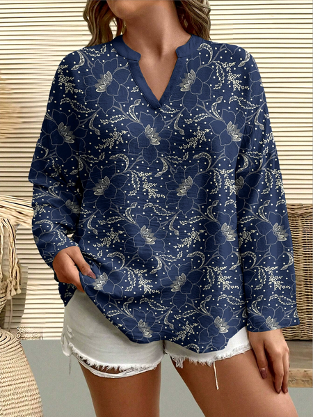 

Casual Floral V Neck Long Sleeve T-shirt, Blue, T-shirts