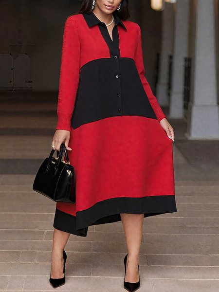 

Elegant Color Block Loosen Shawl Collar Midi Sweater Dress, Reddish black, Midi Dresses
