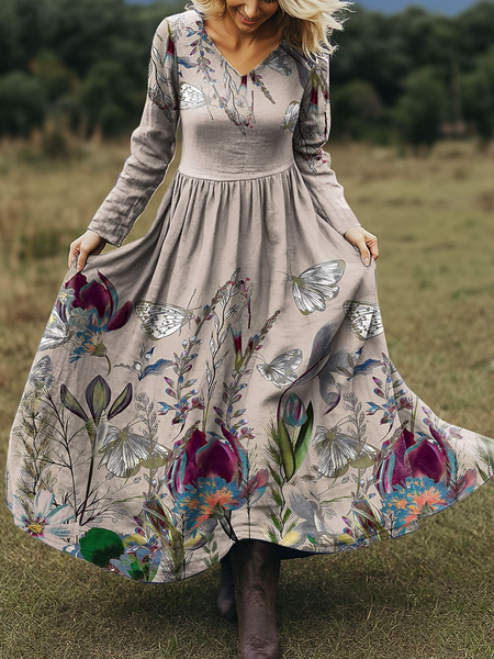 

Women Floral Spring/Fall Dress V Neck Long Sleeve A-Line Dress, Color2, Dresses
