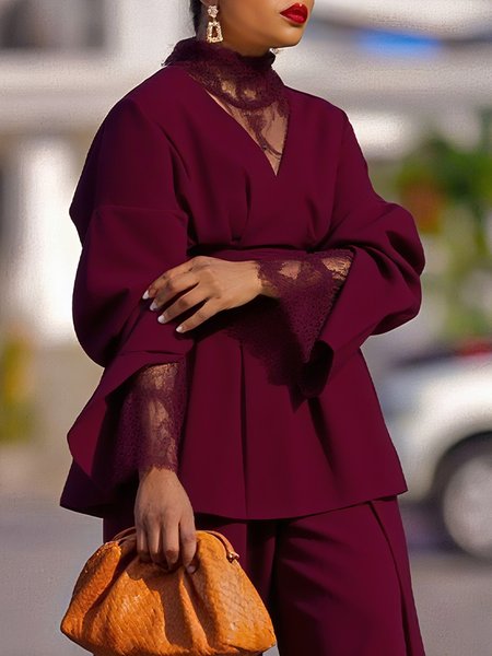 

Urban Plain Split Joint Stand Collar Blouse, Wine red, Blouses and Shirts