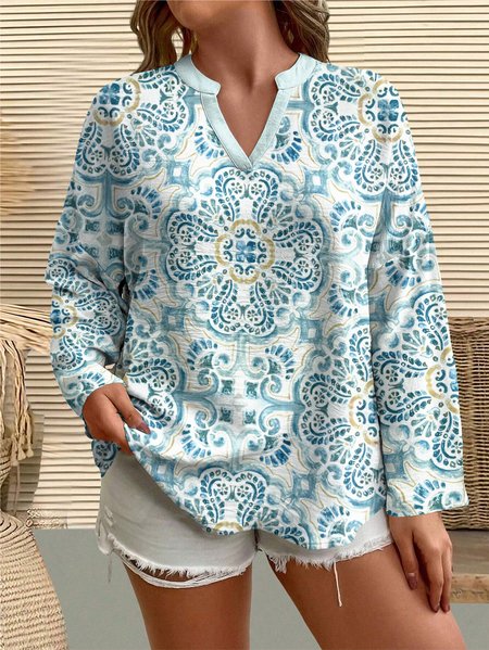 

Casual Floral V Neck Long Sleeve T-shirt, Light blue, T-shirts