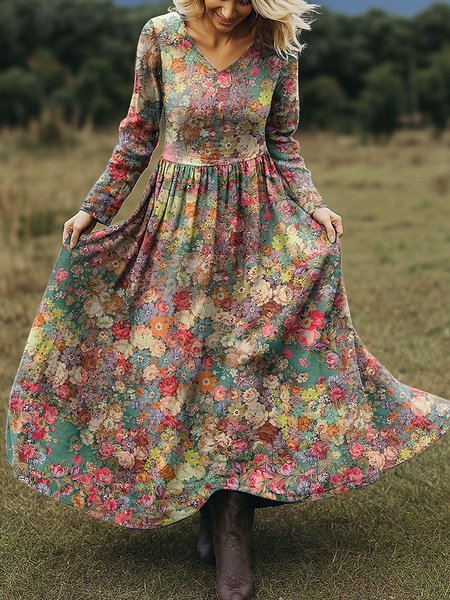 

Women Floral Spring/Fall Dress V Neck Long Sleeve A-Line Dress, Color3, Dresses