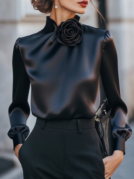 

Satin Elegant Plain 3D Floral Stand Collar Blouse, Black, Blouses and Shirts