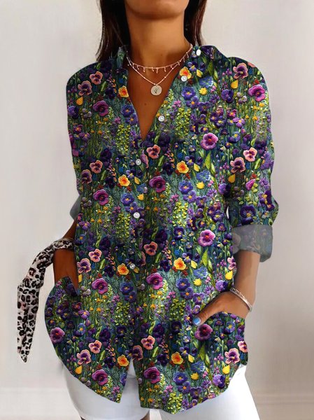 

V Neck Long Sleeve Geometric Regular Micro-Elasticity Regular Fit Shirt For Women, Purple, Shirts